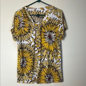 Rafaella Yellow and White Sunflower Petal Blouse with Notched Collar Size L